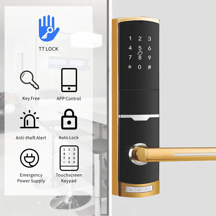 Gold Color Remote Control Smart Keypad Door Lock dengan aplikasi TTlock Card Key